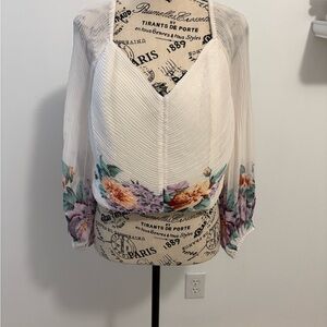 Express White Sheer Floral-V Hem Blouse